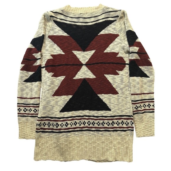 Aztec Open Front Knit Tunic Southwestern Sweater S M Beige Red Black Y2K Boho - Picture 2 of 6